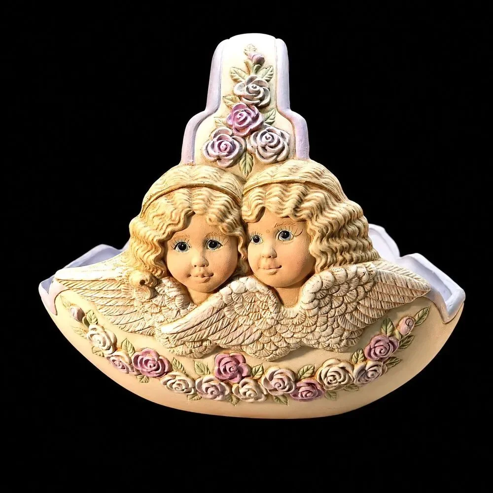 Vtg Ceramic Basket, Romantic Cherubs Angels, Purple Feminine Victorian Decor